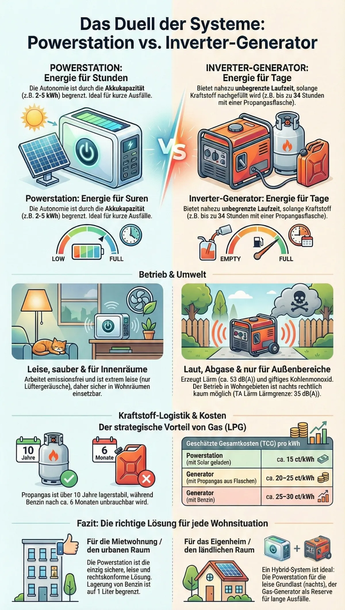 Infografik: Vergleich von Powerstation und Inverter-Generator bezüglich Laufzeit, Umwelt, Kosten und Einsatzort
