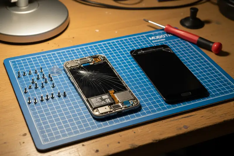 Geöffnetes Smartphone bei der Display-Reparatur mit Werkzeug