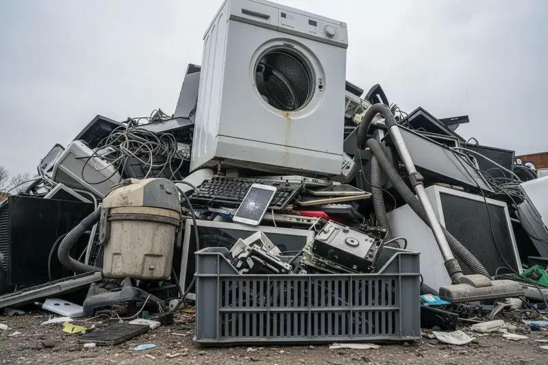 Aussortierte Elektrogeräte und Haushaltsgeräte vor dem Recyclinghof