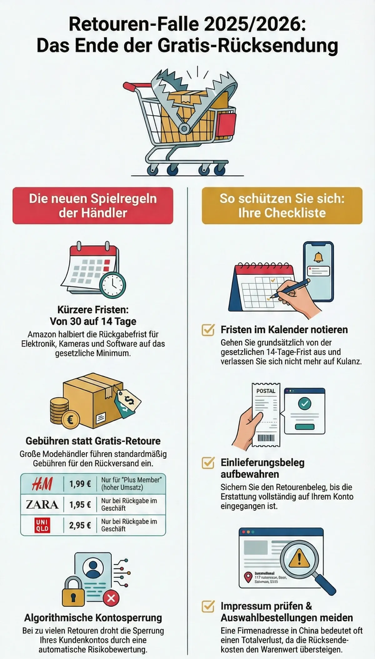 Infografik zur Retouren-Falle 2025/2026: Neue Regeln zu Fristen und Gebühren sowie Tipps für Verbraucher.