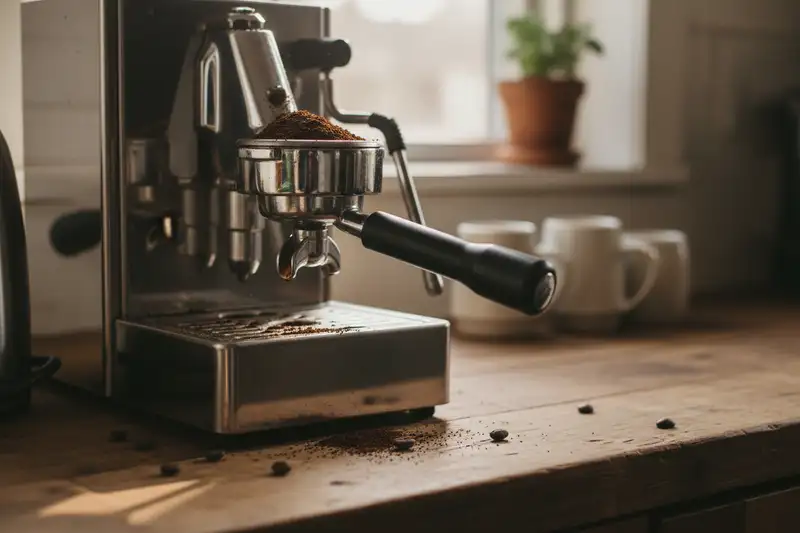 Espressomühle neben Siebträgermaschine auf einer Küchenarbeitsplatte
