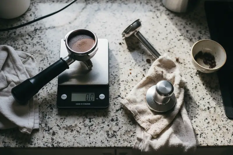 Nahaufnahme eines Siebträgers mit frisch getamptem Kaffeepuck