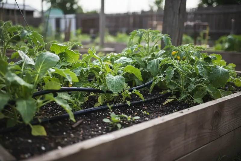 Tropfbewässerung an Tomatenpflanzen im Hochbeet
