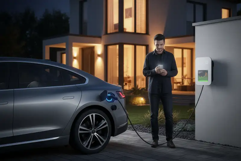 E-Auto lädt nachts an Wallbox mit Smartphone-App für dynamischen Stromtarif