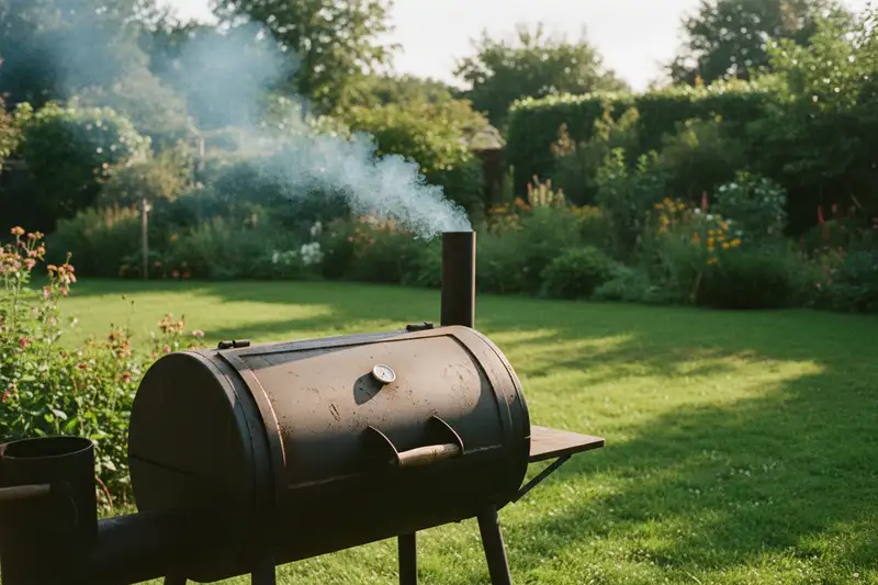 Offset-Smoker mit leichtem blauen Rauch aus dem Schornstein im Garten