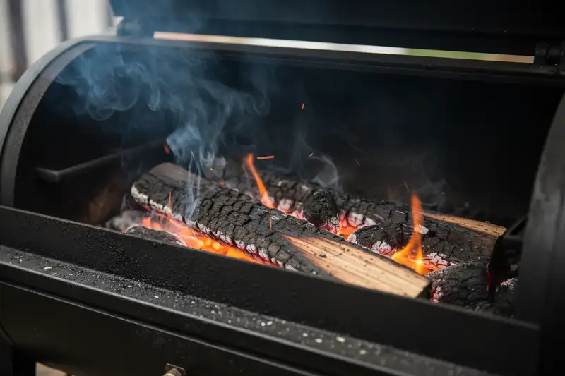 Holzscheite auf einem Glutbett in der Firebox eines Offset-Smokers