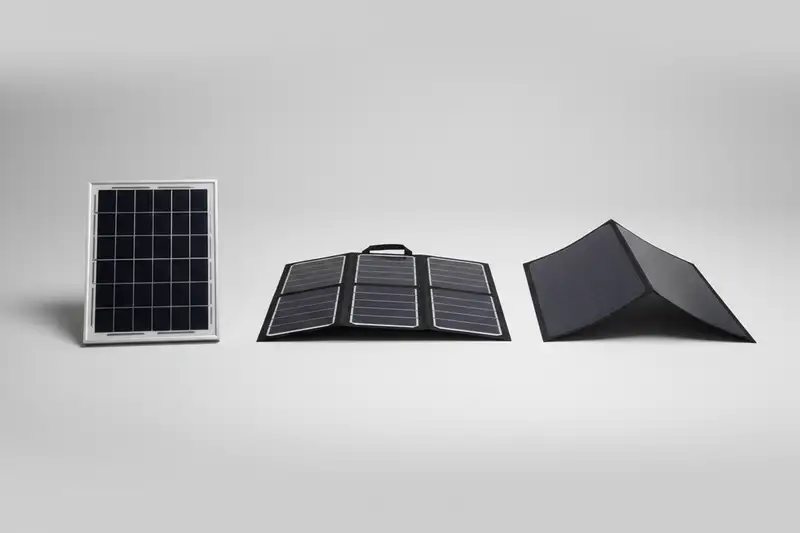 Drei Solarpanel-Typen im Vergleich: starres Panel mit Alurahmen, faltbares Camping-Panel und flexibles Panel