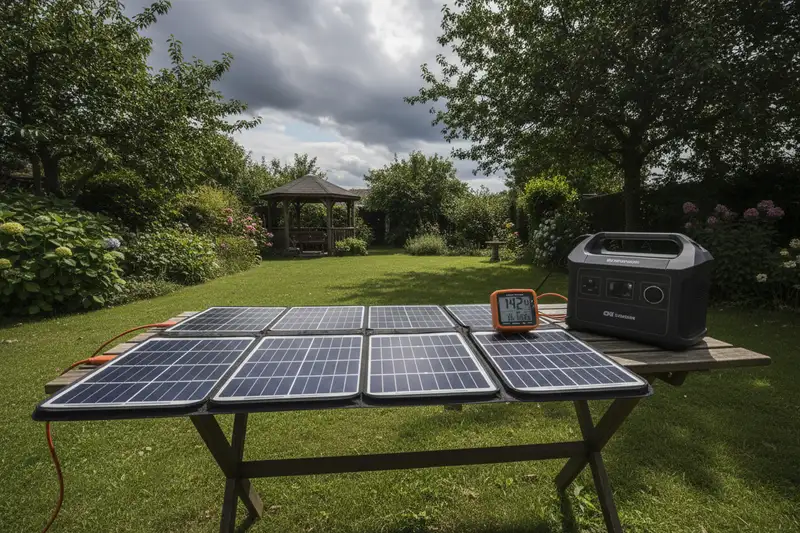 Faltbares Solarpanel im Garten mit Wattmeter zeigt 142 Watt statt der beworbenen 200 Watt Nennleistung