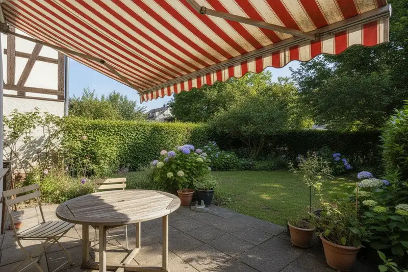 Klassische Gelenkarmmarkise über einer Terrasse - über den sommerlichen Wärmeschutz nicht förderfähig
