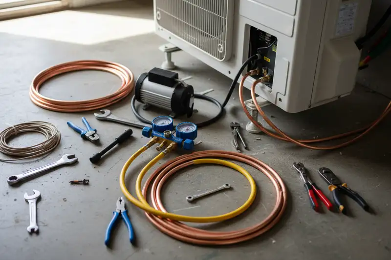 Fernbedienung einer Split-Klimaanlage auf einem Tisch, im Hintergrund ein Wohnraum