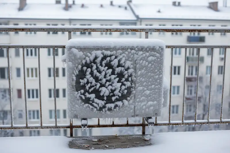 Vereistes Außengerät einer Split-Klimaanlage auf einem Balkon im Winter