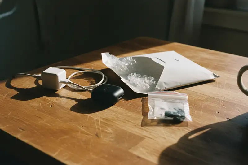 Billiges USB-Ladegerät und chinesische Versandverpackung auf Holztisch, Reportage-Fotografie