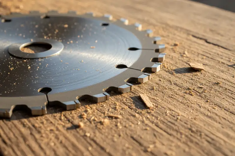 Nahaufnahme eines hartmetallbestückten Kreissägeblatts auf einer Werkbank, die einzelnen Hartmetallzähne und ihre Geometrie sind deutlich erkennbar