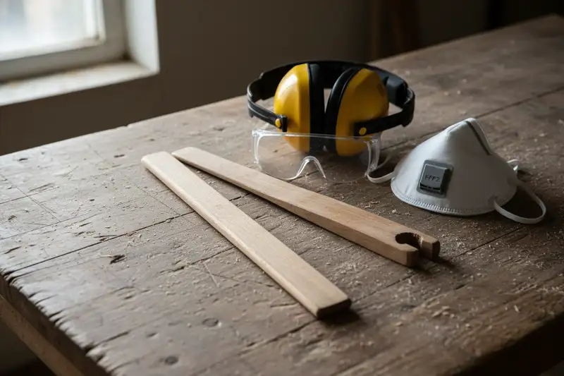 Sicherheitsausrüstung auf einer Werkbank: Gehörschutz, Schutzbrille, FFP2-Staubmaske und Schiebestöcke neben Sägespänen