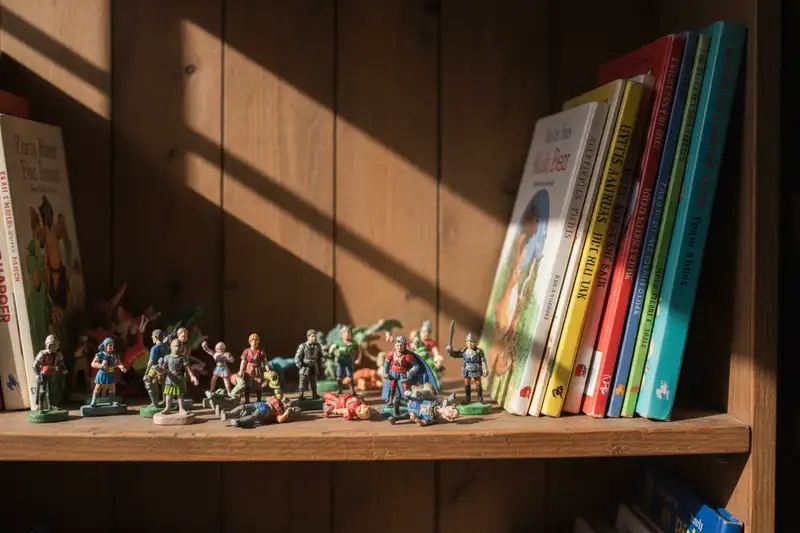 Buntes Kinderzimmerregal mit verschiedenen Tonie-Figuren und einer Toniebox