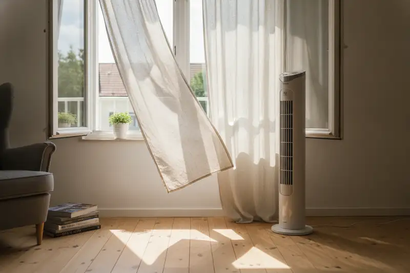 Schlanker weißer Turmventilator neben einem offenen Fenster mit Vorhang im Sommerlicht