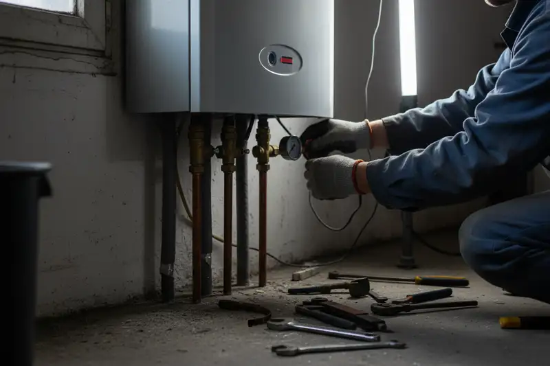 Nahaufnahme einer Wärmepumpen-Installation mit Kupferrohren und Manometer