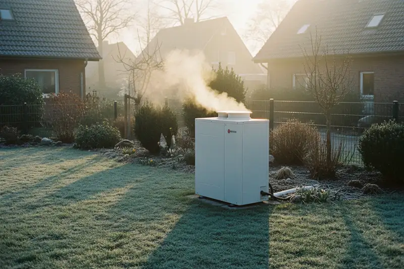 Wärmepumpe im Garten eines Einfamilienhauses an einem frostigen Morgen