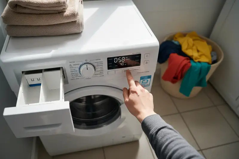 Nahaufnahme eines Waschmaschinenbedienfelds mit Programmwahlschalter