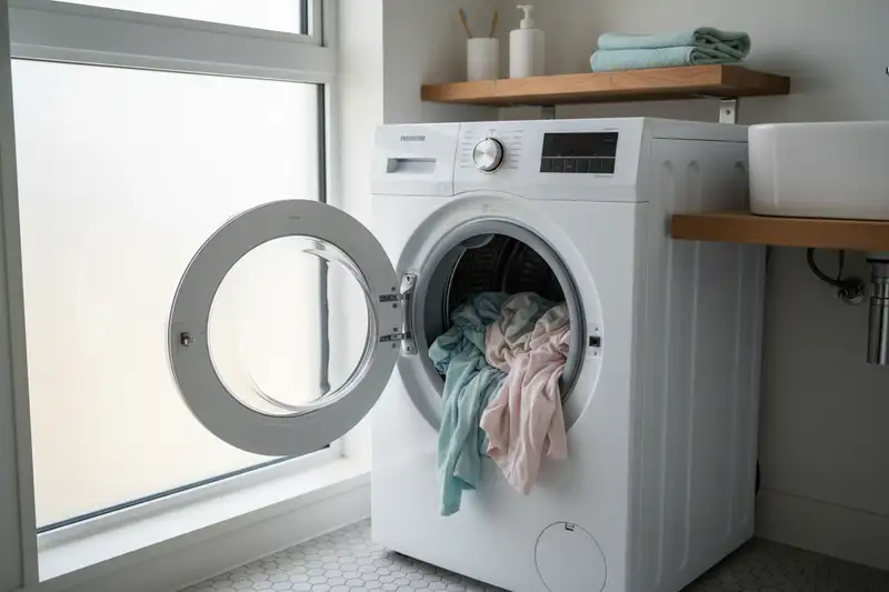 Geöffneter Waschtrockner in einem modernen Badezimmer mit frischer Wäsche in der Trommel