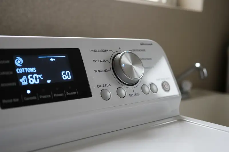 Nahaufnahme der Bedienblende eines modernen Waschtrockners mit Programmauswahl und Display