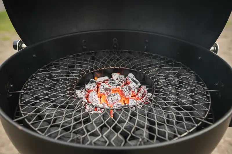 Kohlekorb eines Watersmokers mit der Minion-Methode: glühende Briketts auf einem Ring aus kalten Briketts