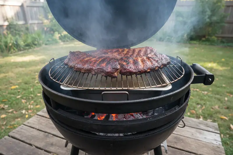 Blick in einen geöffneten Watersmoker mit Spareribs auf dem oberen Rost und dampfender Wasserpfanne darunter