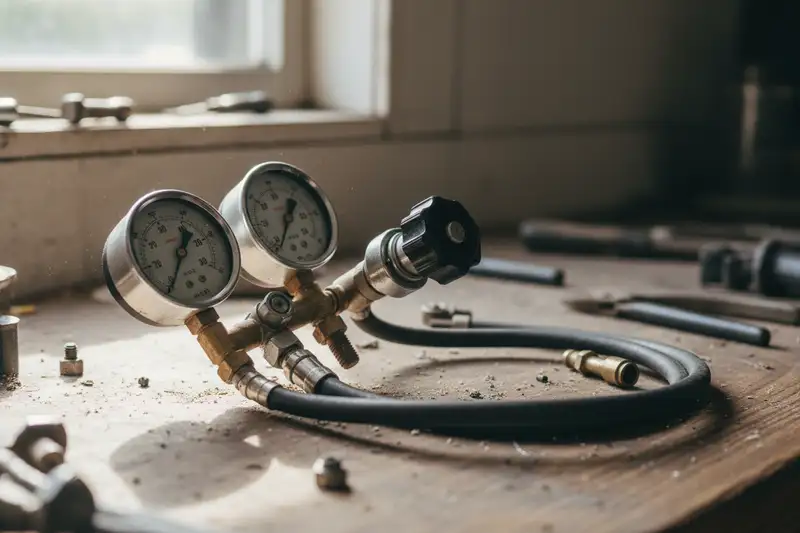 Kompressor-Manometer mit Druckregler in einer Hobby-Werkstatt