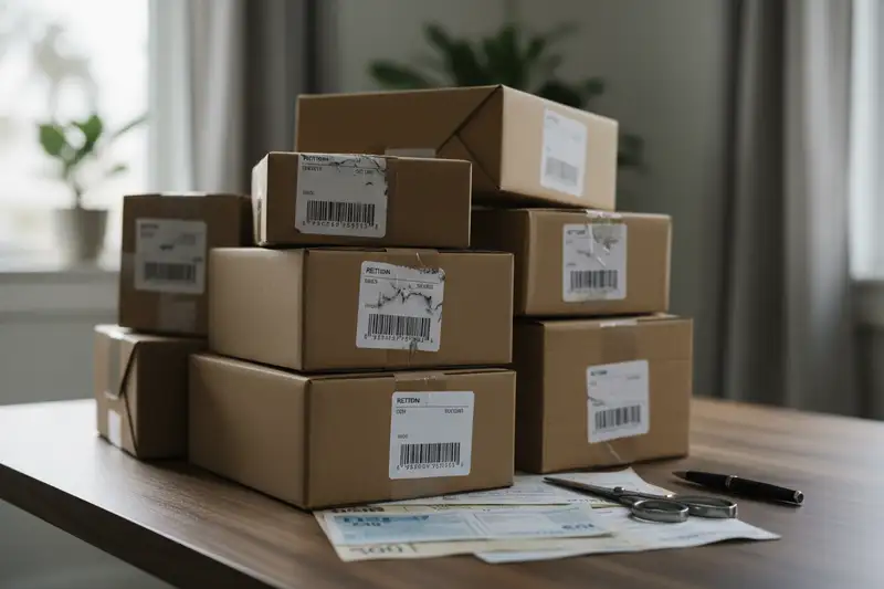 Stapel von Rücksende-Paketen mit Versandetiketten