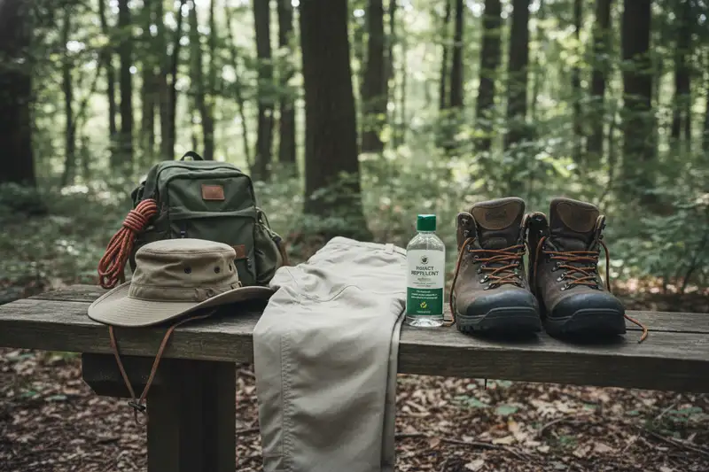 Wanderausrüstung mit langer Hose, Stiefeln und Insektenspray