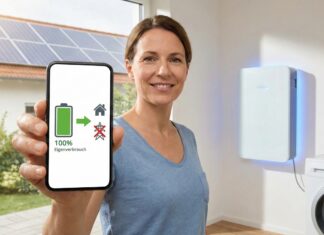 Lächelnde Frau zeigt Handy mit „100% Eigenverbrauch“, im Hintergrund Solaranlage und Batteriespeicher.
