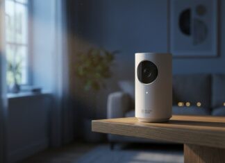 Eine zylindrische, weiße Überwachungskamera mit der Aufschrift "Secure Home" steht auf einem Holztisch in einem Wohnzimmer.
