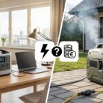 Vergleichsbild: Powerstation im Wohnzimmer vs. rauchender Generator draußen, mit Symbolen für Strom und Kosten.