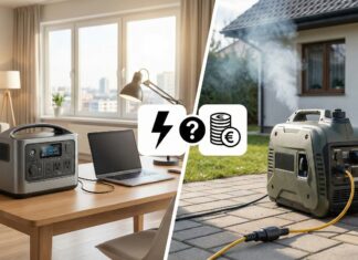 Vergleichsbild: Powerstation im Wohnzimmer vs. rauchender Generator draußen, mit Symbolen für Strom und Kosten.