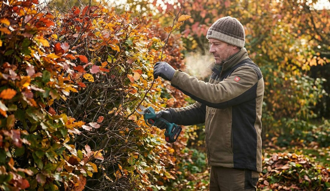 Ein Mann schneidet an einem kalten Herbsttag eine Hecke mit einer Akku-Gartenschere.