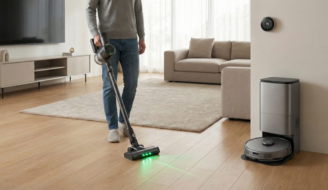 Person saugt Holzboden mit Akku-Staubsauger und grünem Lichtstrahl, daneben steht ein Saugroboter mit Station.