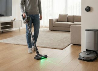 Person saugt Holzboden mit Akku-Staubsauger und grünem Lichtstrahl, daneben steht ein Saugroboter mit Station.