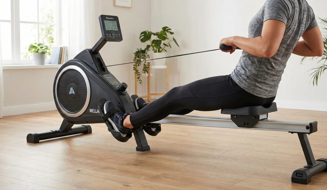 Person in Sportkleidung trainiert auf einem schwarzen Rudergerät in einem hellen Wohnzimmer.