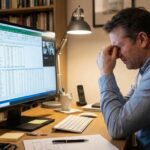 Mann sitzt erschöpft vor einem Computer mit Tabellenkalkulation und Videokonferenz, Bücherregal im Hintergrund.