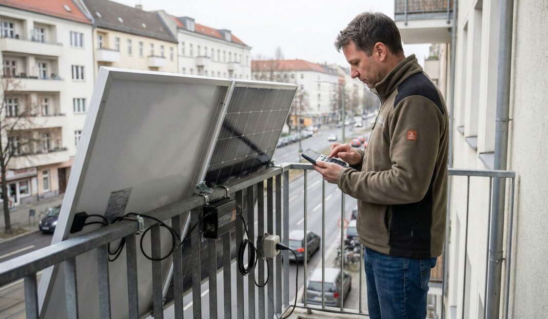 balkonkraftwerk-amortisation Mann auf Balkon mit zwei Solarmodulen am Geländer, tippt auf einem Taschenrechner. Im Hintergrund Stadtansicht.