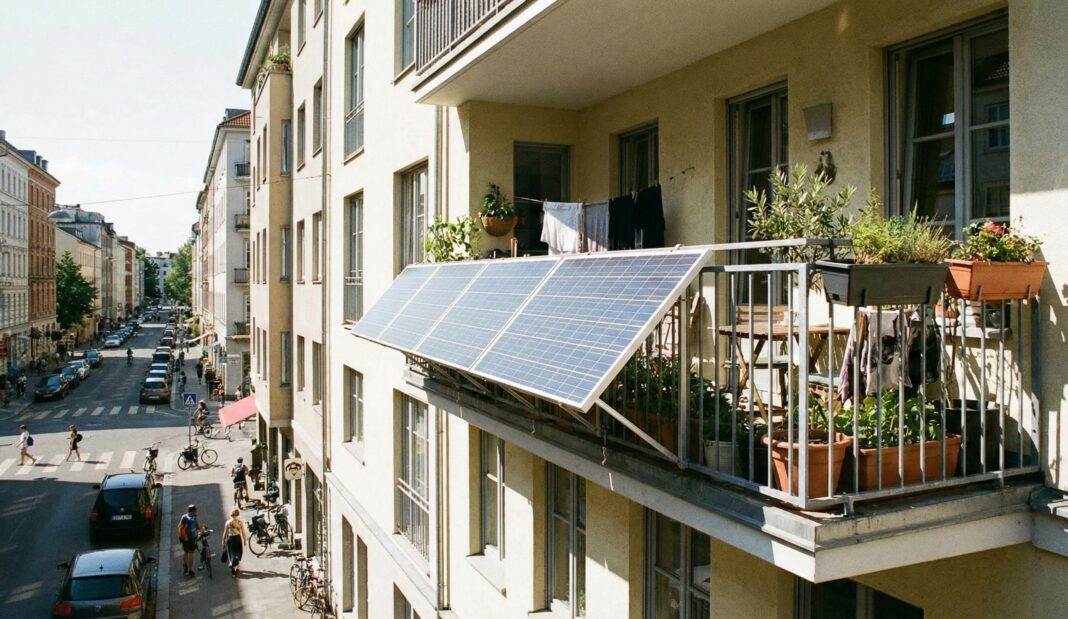 balkonkraftwerk-strasse Außen am Geländer eines bepflanzten Balkons montierte Solarpaneele über einer belebten Stadtstraße.