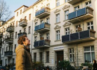 Ein Mann blickt zu einem Altbau mit Balkonen auf denen Solarpanele montiert sind. Am Haus steht "Kiezstrom-Initiative".