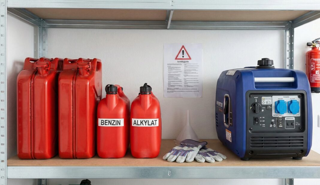 Regal mit Benzinkanistern, Generator, Handschuhen und Warnhinweis. Ein Feuerlöscher ist im Hintergrund sichtbar.