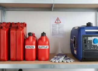 Regal mit Benzinkanistern, Generator, Handschuhen und Warnhinweis. Ein Feuerlöscher ist im Hintergrund sichtbar.