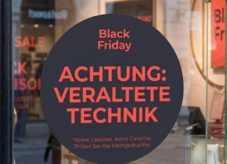 Runder Aufkleber am Schaufenster mit roter Schrift: „Black Friday – ACHTUNG: VERALTETE TECHNIK“.