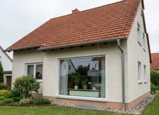 Ein Fensterputzroboter reinigt das große Fenster eines weißen Einfamilienhauses mit rotem Ziegeldach.