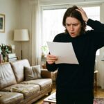 Mann mit überraschtem Gesichtsausdruck hält ein Blatt Papier in einem Wohnzimmer mit Bücherregal und Ledersofa.