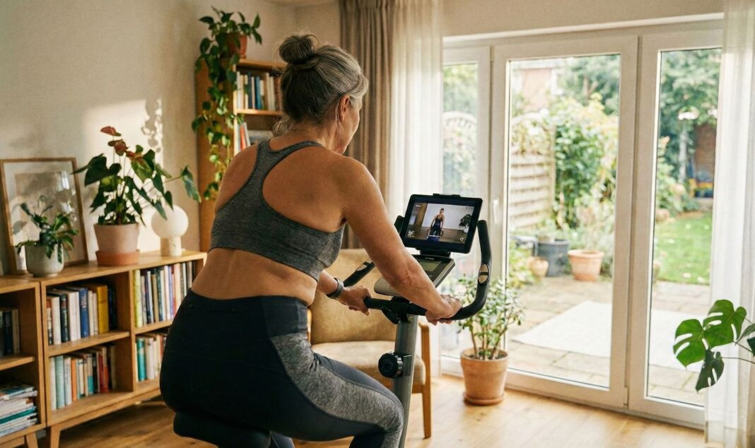 Eine ältere Frau trainiert auf einem Heimtrainer und schaut auf einem Tablet ein Fitness-Video. Sie trägt Sportkleidung und trainiert in einem hellen Raum.