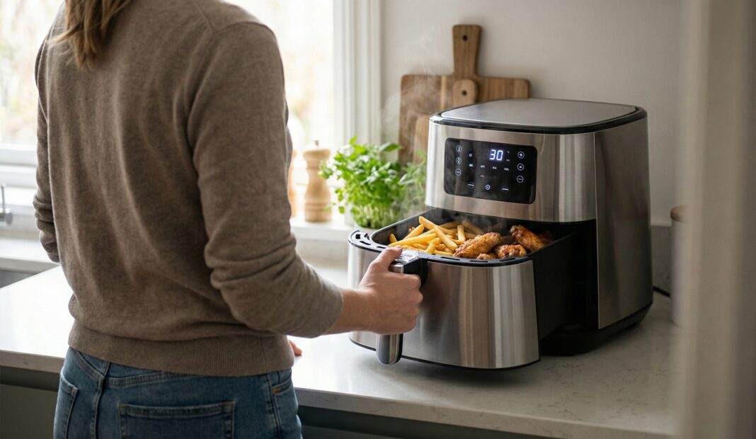 heissluftfritteuse-erfahrungen Eine Person steht vor einer Airfryer, die Pommes und Hähnchenflügel enthält. Der Airfryer ist in einer Küche aufgestellt.