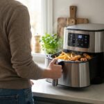 Heißluftfritteuse Erfahrungen: Drei Monate mit einem Airfryer Eine Person steht vor einer Airfryer, die Pommes und Hähnchenflügel enthält. Der Airfryer ist in einer Küche aufgestellt.